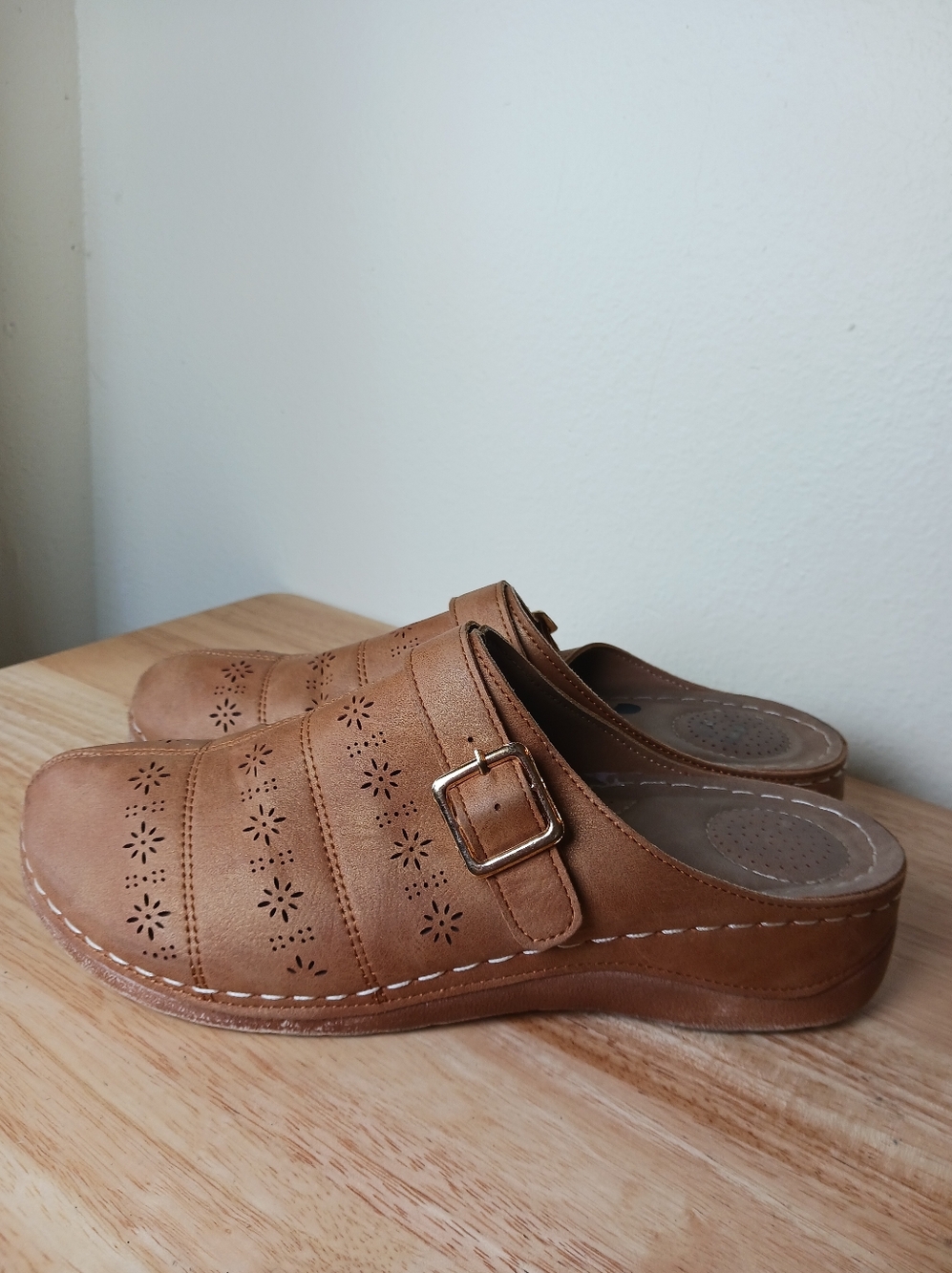 Women's Tan Slip-On Clog Mule with Decorative Buckle